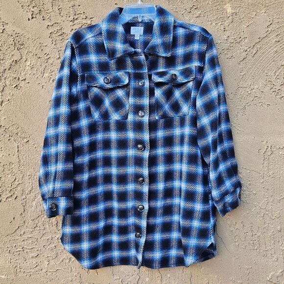Time and Tru Blue and Black Plaid Shacket Size M - Picture 1 of 13